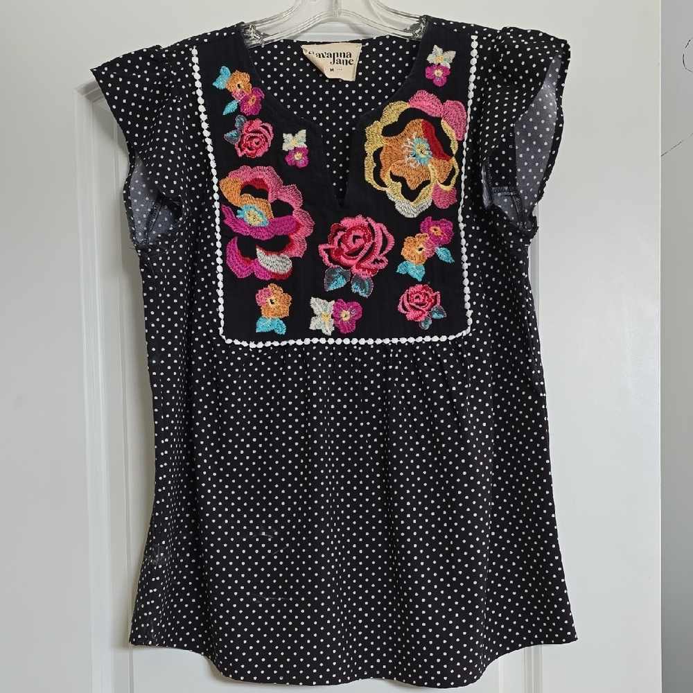 Savanna Jane Black Top with Colorful Embroidery